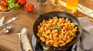 Pasta met romige roomsaus, crispy chili-olie en spek die ik elke week maak